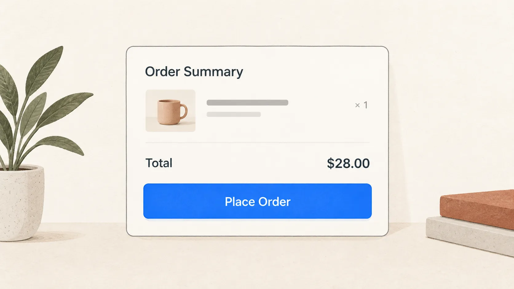 A simple checkout page with an order summary, total, and blue Place Order button
